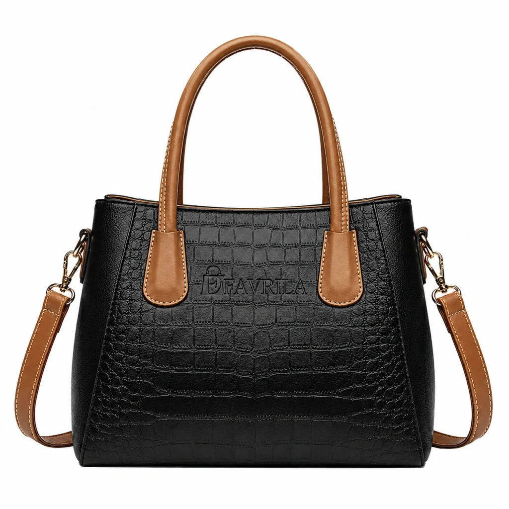 Tan Croc-Textured Satchel Handbag